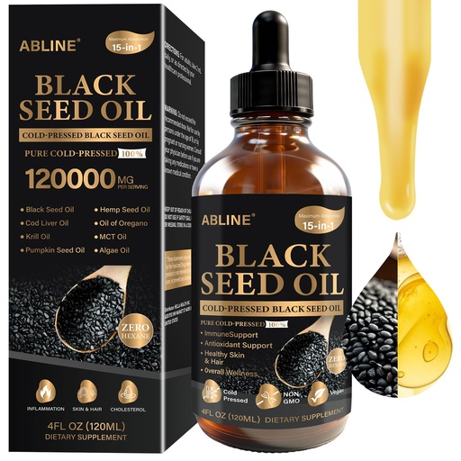 [BRSRYY33ARYWMETD] Black Seed Oil 15-in-1 Liquid Drops with Nigella Sativa, Fish Oil, Krill, Cod Liver, Algae DHA, Flaxseed, Pumpkin, MCT, Garlic, Oregano, – Omega 3 6 9 Supplement for Immune, Heart & Brain – 4 fl oz