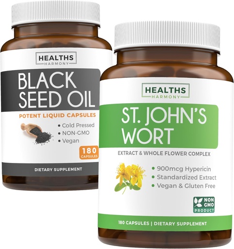 [BRSRAY36OANQOGQ7] Black Seed Oil & St. John's Wort (3-Month Supply) Harmony Essence Bundle of Black Seed Oil (180 Capsules) Cold-Pressed Nigella Sativa & St. John's Wort (180 Capsules) with Powerful 900mcg Hypericin