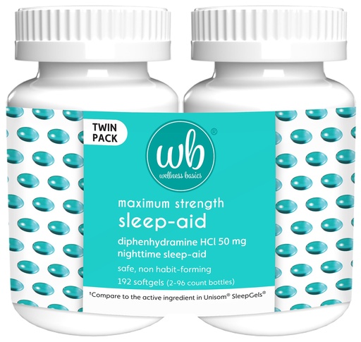 [BRSWGZIHDEPQE23J] Wellness Basics Sleep Aid | Maximum Strength Diphenhydramine HCl 50 mg | Non-Habit Forming | Twin Pack -192 Total Softgels for Restful Sleep