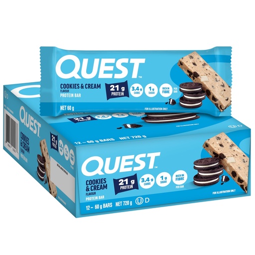 [BRSWIE36BMHQY3D6] Quest Nutrition Protein Bar, Cookies & Cream, 21g Protein, 4g Net Carbs, 190 Cals, Low Carb, Gluten Free, Soy Free, 2.12oz Bar, 1 Count