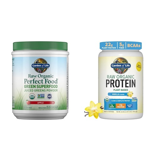 [BRSROBQFDECBQHTU] Garden of Life Raw Organic Perfect Food Green Superfood Juiced Greens Powder - Apple Flavor & Organic Vegan Vanilla Protein Powder 22g Complete Plant Based Raw Protein