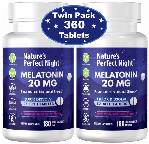 [BRSROED6OYNWEYD2] Nature's Perfect Night | Melatonin 20mg | 180 Quick Dissolve Tablets, 2-Pack | Natural Mixed Berry Flavor |High Potency | Sugar Free | Vegan | Gluten Free | 2 Count