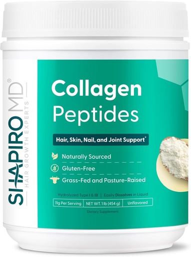 [BRSW2BT7OQPBQ2YZ] Shapiro MD Hair Growth Experts Collagen Peptides Powder, Collagen Powder Supplement for Hair, Skin, Nails and Joint Support, I & III Hydrolyzed Collagen for Easy Absorption, 11g Collagen - 16 oz.