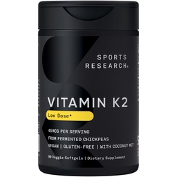 Sports Research® Low Dosage Vitamin K2 as MK-7 45mcg with Coconut MCT Oil - 90 Veggie Softgels - Vegan Certified, Non-GMO Verified & Gluten-Free