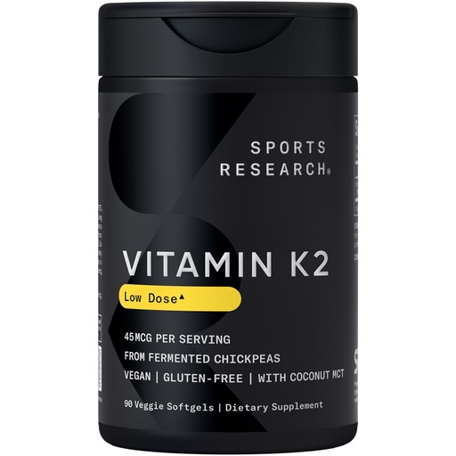 [BRSROGICCEORY2DB] Sports Research® Low Dosage Vitamin K2 as MK-7 45mcg with Coconut MCT Oil - 90 Veggie Softgels - Vegan Certified, Non-GMO Verified & Gluten-Free
