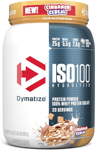 [BRSRAZQ7CQPR433O] Dymatize ISO100 Whey Білок порошок Ізолят, Cinnamon Cereal, 25г білка, 5.5г BCAAs, Менше Than 120 Кал., Клейков Free, 1г Жир, 1г Цукор, 2г Карб (20 Сервірування)