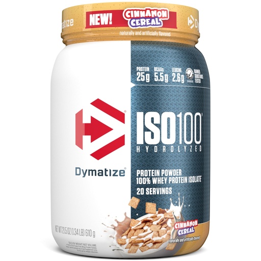 [BRSRAZQ7CQPR433O] Dymatize ISO100 Whey Protein Powder Isolate, Cinnamon Cereal, 25g of Protein, 5.5g BCAAs, Less Than 120 Cal., Gluten Free, 1g Fat, 1g Sugar, 2g Carb (20 Servings)