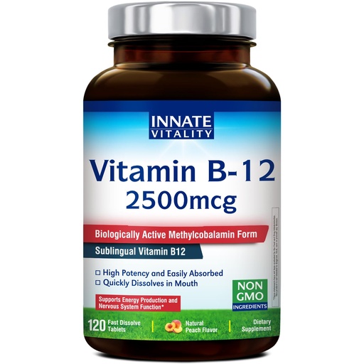 [BRSREFIZBUHR4EI3] Innate Vitality Vitamin B12 2500mcg, Sublingual Methylcobalamin, Extra Strength for Energy Metabolism, Mental Clarity, Nervous System Health, Peach Flavor, Zero Sugar, 120 Fast Dissolve Tablets