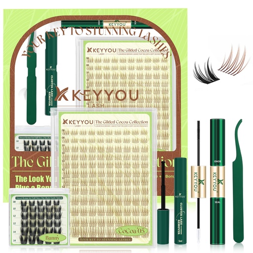 [BRSRYY3YOIGRM3LV] KEYYOU Brown Aurora Bonus Black Bunny Lash Clusters Kit Home Salon Quality | 150pcs C Curl 8-16/8-14MIX,with Bond and Seal,Remover,Applicator,Natural Wispy Idol Style Perfect for Parties&Office Days