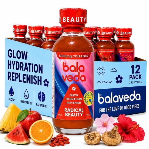 [BRSROYLYOAPAEF3B] balaveda Radical Beauty Marine Collagen Shot, Watermelon, 2oz 12 Pack | Goji, Maca, Lotus + Watermelon, Marine Collagen Wellness Shots, 2 fl oz Glass Bottles