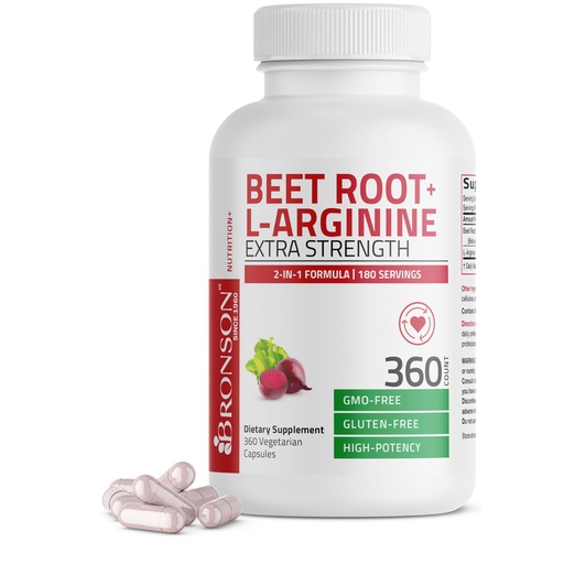 [BRSRMGIBOEAWYA3A] Bronson Beet Root + L-Arginine Nitric Oxide Production - Non-GMO, 360 Vegetarian Capsules