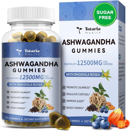 [BRSREHYRCQCGEG32] Totaria Sugar Free Ashwagandha Заповнені Gummies 2500mg w/Vitamin D3, Magnesium Glycinate, Rhodiola, Ультраміцні кореневі добавки для жінок & Wen, для релаксації, енергії, Чорниця Flavor