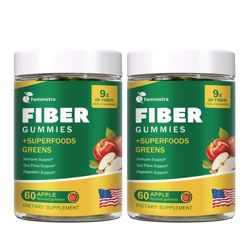 [BRSREHAYCMDRECT5] 9G Fiber Gummies for Digestive Health & Regularity - No Sugar Added Apple Flavor - Prebiotic Fiber Supplement with Greens - Daily Gummies for Adults, Women & Men - 2 Bottles