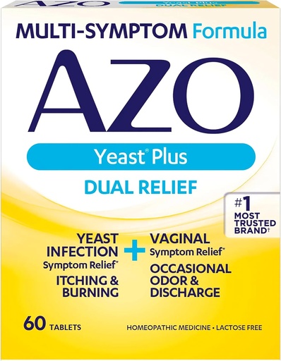 [BRSWIYYMPMAAOE32] AZO Yeast Plus Dual Relief Tablets, Yeast Infection and Vaginal Symptom Relief, Relieves Vaginal Itching & Burning, 60 Count