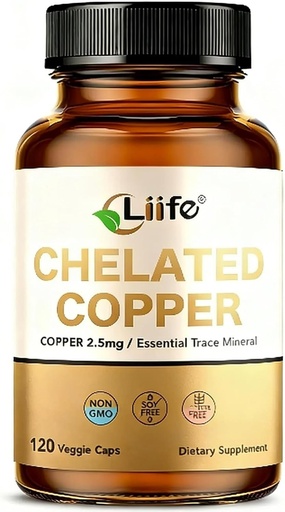 [BRSREBAPB55AGF3U] LIIFE Albion Chelated Copper 2.5mg, Copper Supplements | Supporting Red Blood Cells, Collagen, and Energy Production, 120 Veggie Capsules