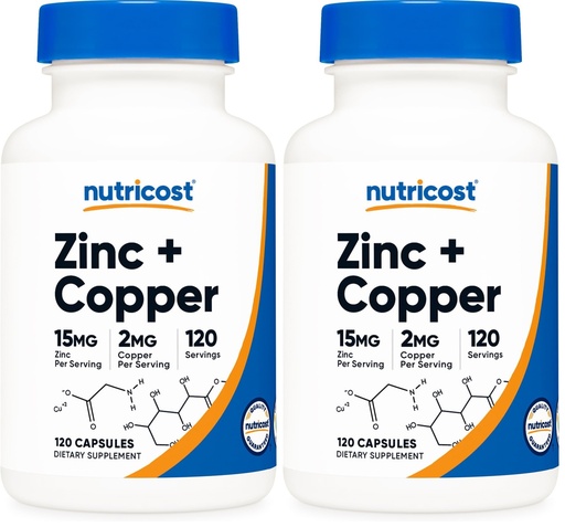 [BRSREAD6BYFGAFDL] Nutricost Zinc + Copper Capsules (120 Servings)(15MG Zinc + 2MG Copper Per Serving) - Non GMO, Vegetarian (Pack of 2)