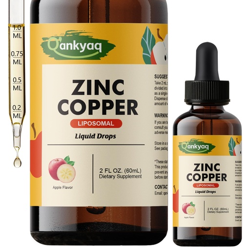 [BRSRGBQQCQPRUCTO] Liposomal Zinc Copper Liquid Drops, Zinc Picolinate Drops for Women and Men, with Copper, Selenium, Vitamin C & D3, B6 for Immune Health, Support Mineral Balance, Apple Flavor, 2 Fl Oz