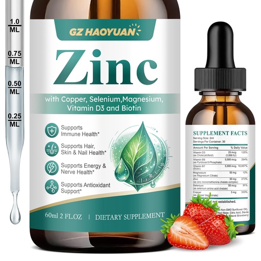 [BRSRGBQYOYOQ22TK] Liposomal Zinc Liquid Drops with Copper, Selenium, Magnesium, Vitamin D3, B6 & Biotin, 30mg Zinc Supplement for Immune, Hair, Skin, Nail, Energy & Nerve Support for Men & Women, Strawberry, 2 Fl Oz