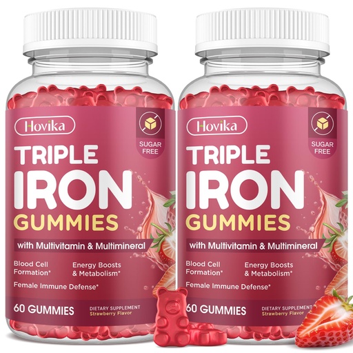 [BRSRGFIBO4JWCFAZ] Iron Gummies for Women, Triple Iron Supplement with Multivitamin Iron Gummies with Vitamin C, A, B, Folate, Copper, Zinc for Energy & Blood Support, Immune Health, Vegan, Strawberry Flavor, 120 Counts