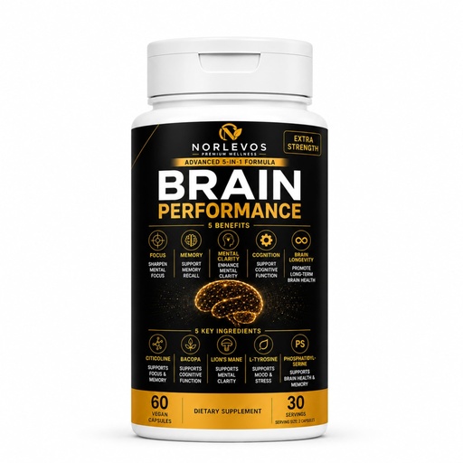 [BRSRYZQ6DMNA2DL5] Advanced 5-in-1 Brain Performance Formula –Cognitive Support for Focus, Memory & Mental Clarity-Citicoline, Bacopa Monnieri, Lion's Mane Mushroom, L-Tyrosine– 60 Vegan Capsules