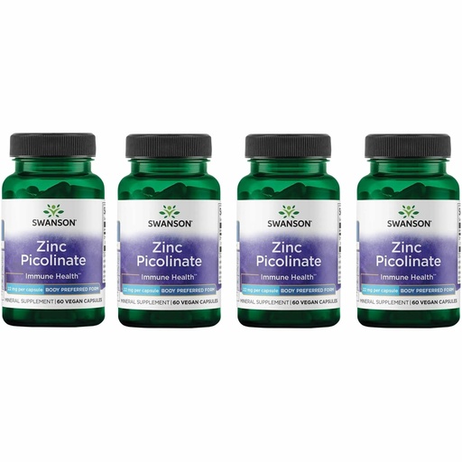[BRSWGFD3CIIREDTL] Swanson Zinc Picolinate Chelated Mineral Supplement for Adults Seeking Immune, Vision, and Prostate Support - Body-Preferred Form - 22 mg (60 Vegan Capsules, 4 Pack)