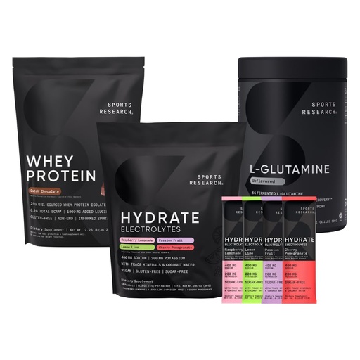 [BRSROCY3OIDWY3L4] Sports Research Multi Flavor Hydrate Electrolytes Packets, Dutch Chocolate Flavored Whey Protein Isolate Powder and Unflavored L-Glutamine