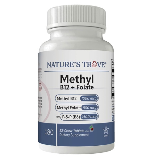 [BRSRGC3QBF7B4FL3] Nature's Trove Methyl B12 (1000mcg) + Folate L-5-MTHF (800mcg) with Vitamin B6 P5P - 180 EZ-Chew Tablets - Natural Cherry Flavor - Bioactive B-Vitamin Support - Vegan, Gluten-Free & Kosher