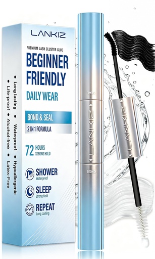 [BRSRGC35OUMQMGQ3] Waterproof Lash Cluster Glue for Sensitive Eyes, Hypoallergenic Lash Bond and Seal for Shower Sleep Workout & Washing, 72H Long Lasting Eyelash Adhesive, Black Latex Free Formula, Daily Wear, LANKIZ