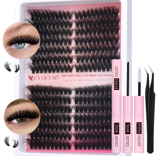 [BRSRAFQLDICBYAA3] EYDEVRO Fluffy Lash Clusters Kit 80D100D Volume Lash Extension Kit 280 Pcs Left/Right Cluster Eyelash Extension Kit D Curl Thick Mega Lash Clusters with Waterproof Lash Bond and Seal and Lash Tweezers