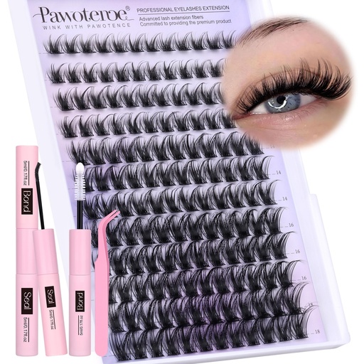 [BRSRAFIYAEDRG2A2] Pawotence Lash Clusters Kit Wispy Lash Extension Kit 10-18mm Cluster Eyelash Extensions Kit Individual Lashes 144pcs Eyelash Clusters with Lash Bond and Seal, Lash Tweezers for Self Use