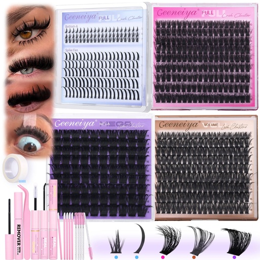 [BRSREYIDAEARE3Q2] Geeneiya 5 Styles Lash Clusters Kit, Volume/Mega/Full/Bottom Eyelash Clusters Extensions with Lash Bond and Seal, Remover and Lash Extension Tools for Beginners and Proficient, DIY at Home Easily