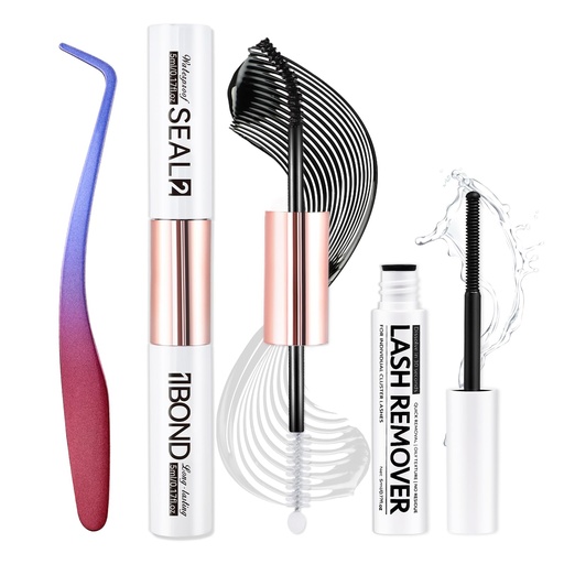 [BRSROGQEABYAKE32] 3 PCS Lash Kit Bond and Seal with Tweezers Remover Kit, DIY Eyelash Glue and Lash Applicator Tool Cluster Glue Remover Fast Removal with No Residue