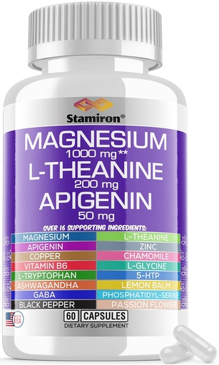 [BRSW2CATB4NGEEQ7] Magnesium Complex 1000mg L Theanine 200mg Apigenin 50mg Supplement with Mag Glycinate Citrate Malate Taurate + Chamomile 5-HTP Passion Flower Lemon Balm B6 Ashwagandha and L Tryptophan - Made in USA