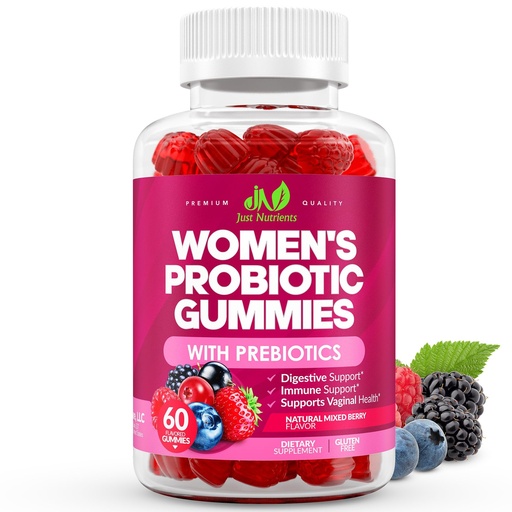 [BRSRECQ5BUMRADTB] Just Nutrients Women's Probiotic Gummies with Prebiotics | 12 Strains – Digestive, Immune, Vaginal & Urinary Tract Health Support – Natural Mixed Berry Flavor, 60 Gummies