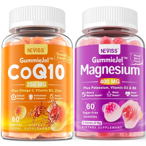 [BRSROCTRBMAWOF3P] NEVISS Sugar Free CoQ10-250mg Filled Gummies + 5 Types of Magnesium 400mg, Sugar Free Magnesium Filled Gummies for Adults, 60 Counts