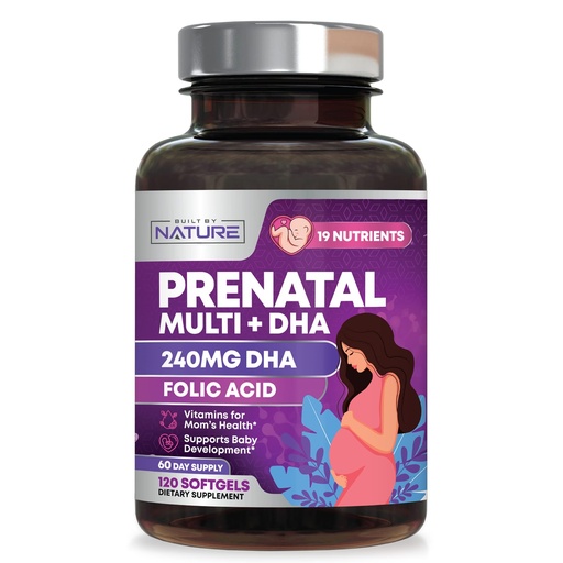 [BRSRMEA2AACGOE3A] Built by Nature Prenatal Vitamins for Women - 120 Softgels | DHA & Omega-3, Folic Acid, Vitamin C, B12 & Iron, Before, During & Post Pregnancy, Healthy Growth & Brain Development