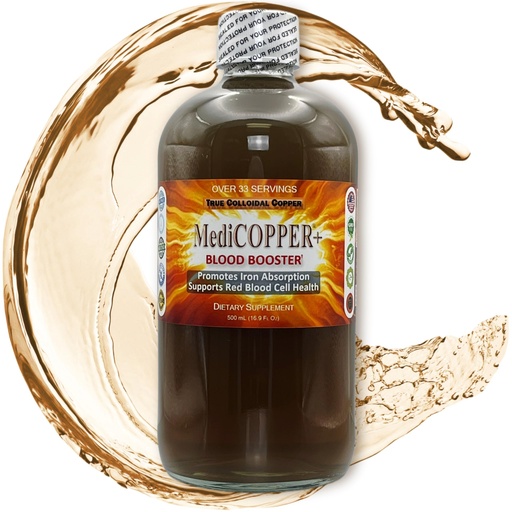 [BRSRAYA2AUHGM3YZ] MediCOPPER® Plus Blood Booster True Colloidal Copper CuNP Nutritional Supplement - 500 mL in Clear Glass Bottle
