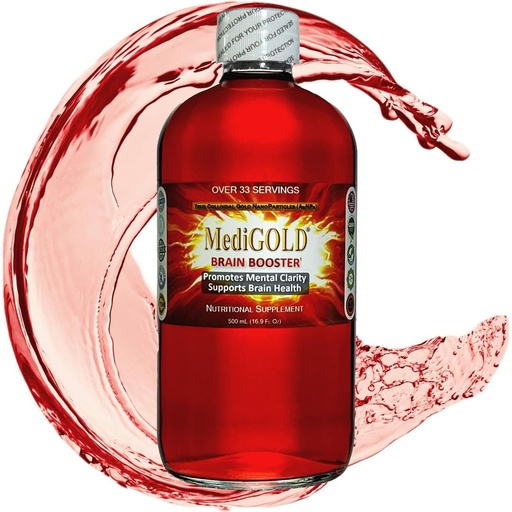 [BRSRAZT5O4NREHLB] MediGOLD® Brain Booster True Colloidal Gold AuNP Nutritional Supplement - 500 mL in Clear Glass Bottle