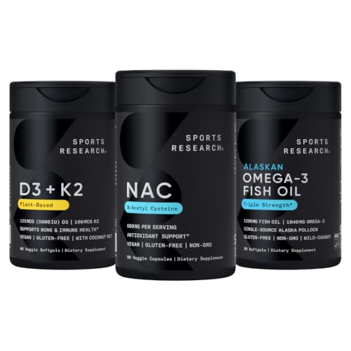 [BRSRYZD3CQCGMDLZ] Sports Research® Antioxidant Support Pack - Vegan NAC Supplement (N-Acetyl Cysteine) 600 mg, Vitamin D3 5000iu + K2 100mcg, and Alaskan Omega-3 Fish Oil 1250mg