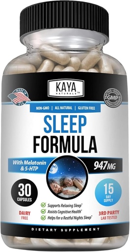 [BRSROAQKBZ4GAETL] Kaya Naturals - Formula di supporto per il sonno con la melatonina - Supplemento di vitamina di supporto per l'aiuto - Stress del sonno e supporto per l'umore - L-Tryptophan, Fiore della passione, Ashwagandha e altro (30 Conte)