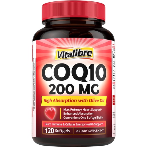 [BRSREAQ3OR5B42T4] Vitalibre CoQ10 200 mg, with Extra Virgin Olive Oil, High Absorption CoQ10 Ubiquinone, Max Potency Heart & Cellular Energy Support, Powerful Antioxidant, Easy to Swallow, Once Daily, 120 Softgels