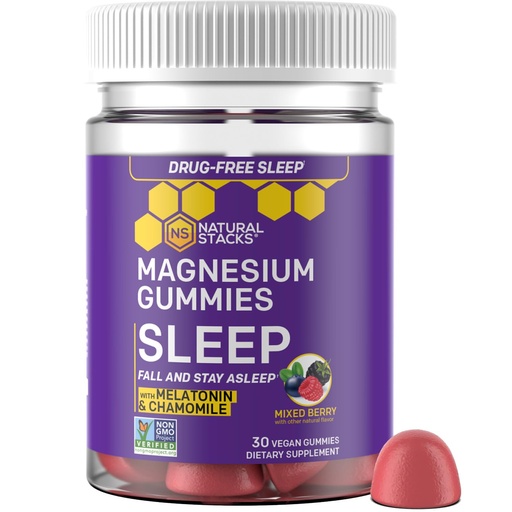 [BRSRMHYYCFYGM3D6] Sleep Magnesium Gummies with Melatonin - 200mg Magnesium Citrate - Melatonin Gummies for Sleep Quality - Nighttime Aid for Adults with Chamomile - 30 Mixed Berry Chewables