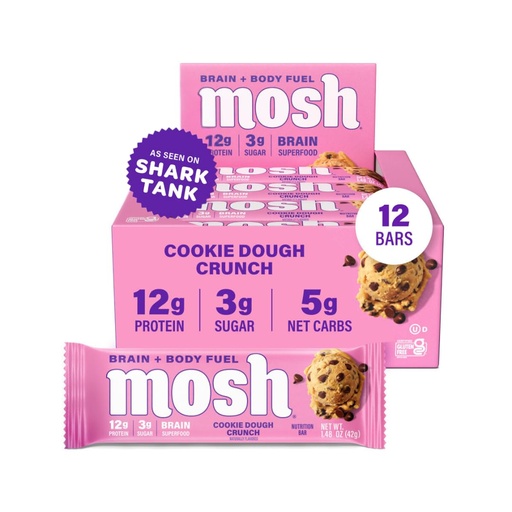 [BRSRMFD5OZ6QI3Q4] MOSH Cookie Dough Crunch Keto Protein Bars, High Fiber, Low Carb, Gluten Free, High Protein, Brain Healthy Snack, 12 Count