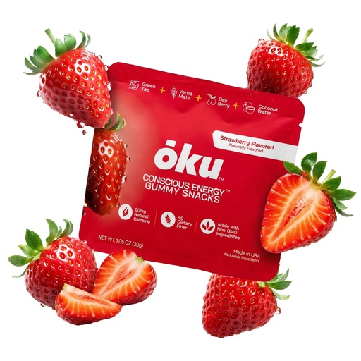[BRSRGBALABYGAAIV] ōku Functional Energy Chews, 60mg of Caffeine from Green Tea & Yerba Mate, Coconut Water for Hydration and 4 Grams of Fiber, Strawberry (8-Pack)