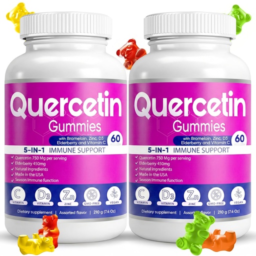 [BRSW2HT6AR4BSE3L] (2 Pack) Quercetin Gummies by BioVitalica - Quercetin with Bromelain Vitamin C and Zinc & Elderberry + Vitamin D3-5 in 1 Immune Support - Zinc Quercetin 750 mg for Kids and Adults