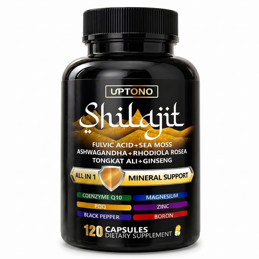 [BRSRYYITBMIQGCQV] UPTONO Shilajit with Ashwagandha, Tongkat Ali & Sea Moss, 120 Capsules | Rhodiola, tongkat ali, ginseng, CoQ10, PQQ, magnesium, zinc, boron and black pepper, capsule format for adult daily routines