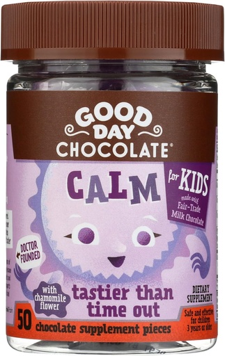 [BRSWGEI5CIMGM3LP] Good Day Chocolate Natural Calming Supplement for Kids, Blend of Camomile, L-Theanine, Fair Trade and Non-GMO Chocolate, 50 Pieces