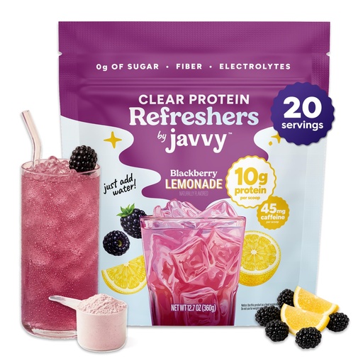 [BRSRYZQ3C4HWC236] Javvy Clear Protein Refresher Drink Mix – 10g of Whey Protein and Collagen Peptides, Electrolytes Powder, Natural Flavors, 0g of Sugar, 45mg Caffeine, 20 Servings, BlackBerry Lemonade