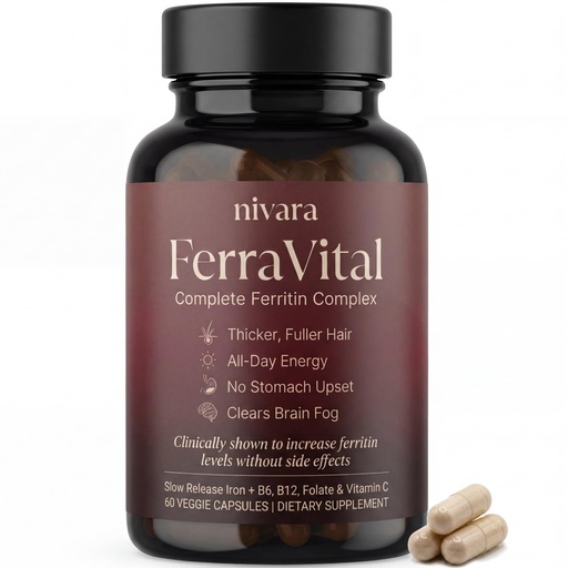 [BRSRGC34BZ6BADTZ] Nivara FerraVital Ferritin Complex - Iron Supplement for Women & Men with Bisglycinate, Vitamin C, B12, Lactoferrin, Methylfolate, Slow Release Gentle Iron Pills for Hair & Energy Support, 60 Capsules
