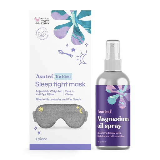 [BRSRACDQOF6BGC3P] ASUTRA Bundle Set, 2 Products - 1 Gray Cotton Jersey Kids Eye Pillow for Sleep Filled w/Lavender Buds & Flax Seeds and 1 Topical Magnesium Chloride Oil Spray w/Lavender & Melatonin